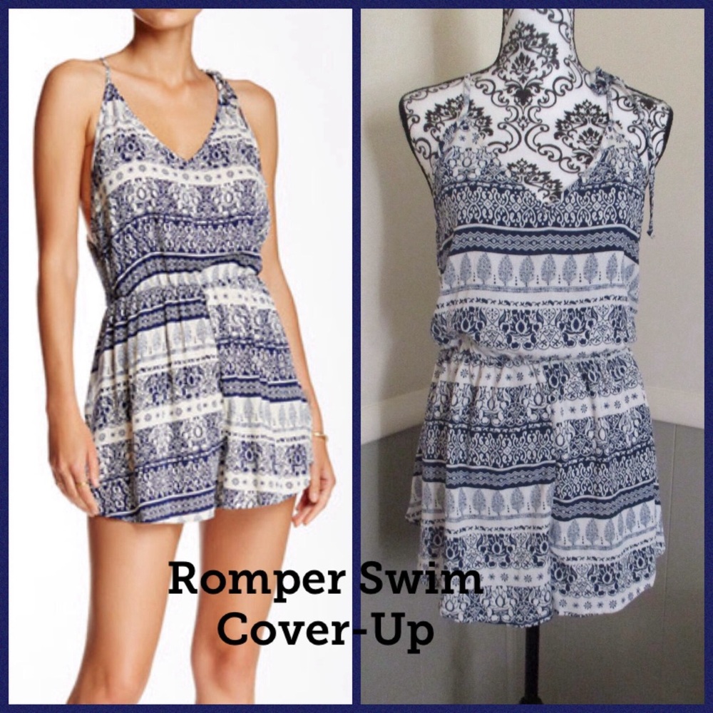 🔴 LUSH Blue & White Geo Print Racerback Romper NWOT